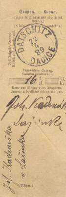 22.4.1889 ústřižek-kupon od poštovní poukázky-hotovosti zaslané Josefem Kadrnožkou z Lažinek na adresáta do Dačic