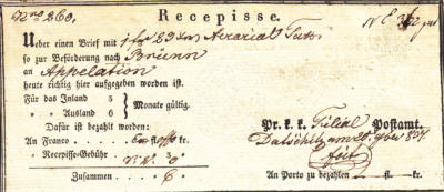 26.2.1837 - potvrzení o zaslání částky 1zl.23kr. do Brna. Podpis Petr Foit