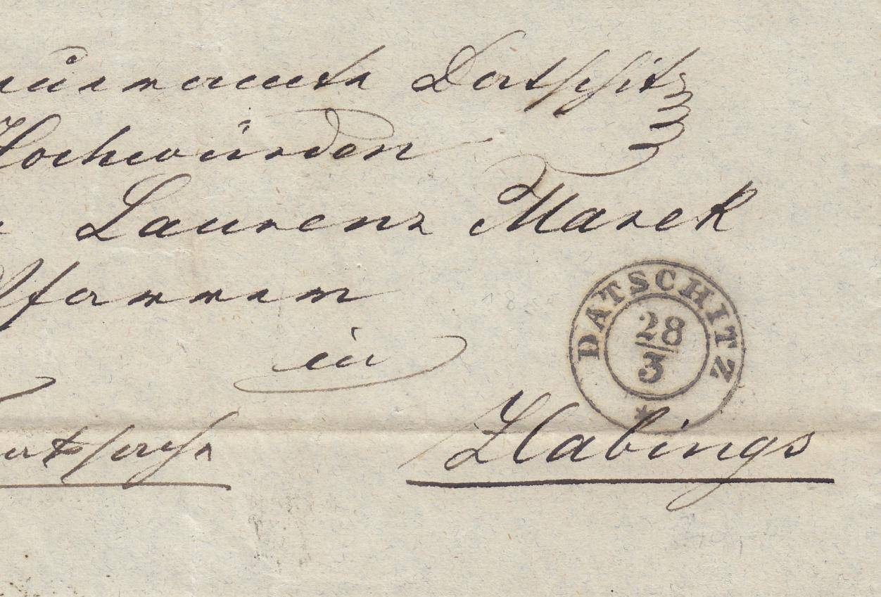 28.3.1855 Ex Offo dopis z KK Berního úřadu Dačice na ctihodného pána Laurence Marka, faráře ve Slavonicích. (Von K.K. Steueramte Datschitz An Hochwürden Herrn Laurenc Marek Pfarrer in Zlabings)