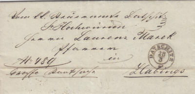 28.3.1855 Ex Offo dopis z KK Berního úřadu Dačice na ctihodného pána Laurence Marka, faráře ve Slavonicích. (Von K.K. Steueramte Datschitz An Hochwürden Herrn Laurenc Marek Pfarrer in Zlabings). Průchozí azítko Jamnitz / Jemnice