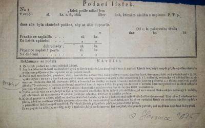 27.6.1875 podací lístek Slavonice, Aufgabe-Recepisse Zlabings