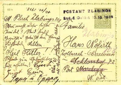 10.10.1938 dopisnice CDV 37 - provizorní razítko Zlabings - obsazené Sudety 