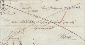 10.11.1845, dopis Slavonické rednice do Vídně, poštovné hrazeno odesilatelem - přeškrtnutá přední strana + razítko FRANCO